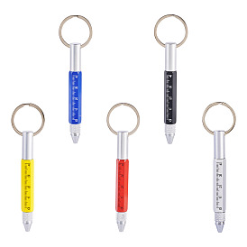 5 шт. 5 цвета алюминий практичная 6-в-1 брелоке-ручка, многофункциональная шариковая ручка, ручка со шкалой, с железным кольцом для ключей и застежкой