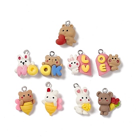 Opaque Resin Pandents, Rabbit/Bear/Bee Charms, Platinum