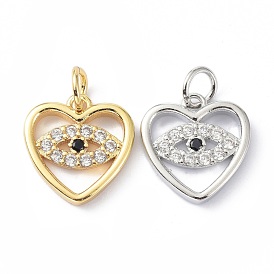 Latón micro pavimenta claro cubic zirconia encantos, con anillo de salto, larga duración plateado, sin plomo y el cadmio, corazón