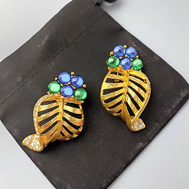 Retro earrings for women, niche design grape leaf earrings, gold exaggerated high-end earrings