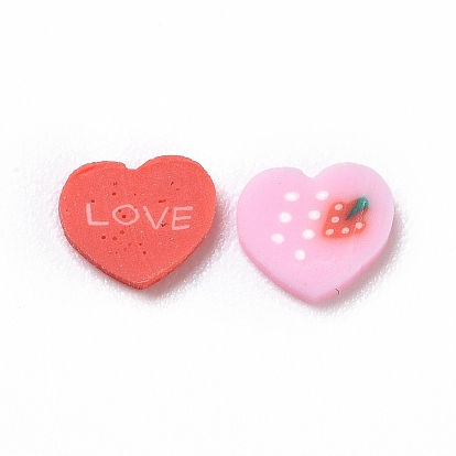 Cabochons en argile polymère manuels, coeur avec mot amour & fraise