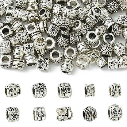 100Pcs 10 Styles Tibetan Style Alloy European Beads, Large Hole Beads, Mixed Shapes