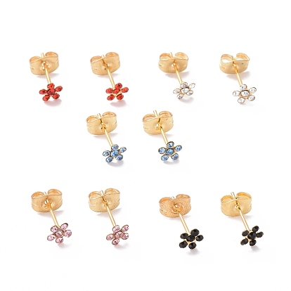 Rhinestone Flower Stud Earrings with 316L Surgical Stainless Steel Pins, Gold Plated 304 Stainless Steel Jewelry for Women