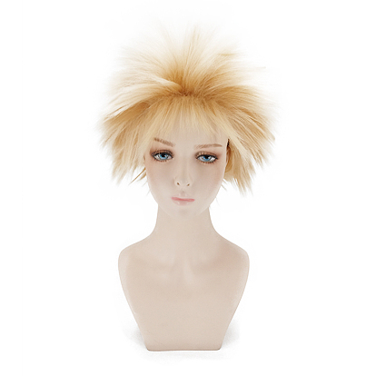 Short Blonde Wavy Cosplay Party Wigs, Synthetic Hero Wigs for Makeup Costume, with bang