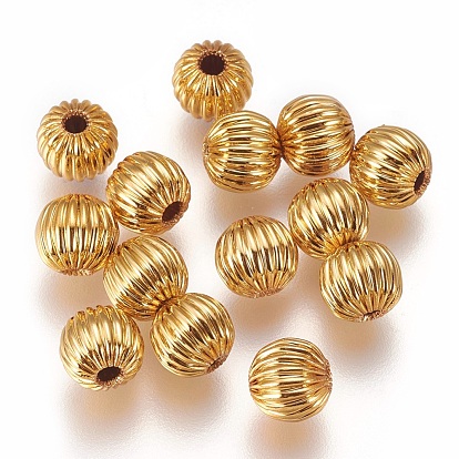 Brass Corrugated Beads, Round, Long-Lasting Plated