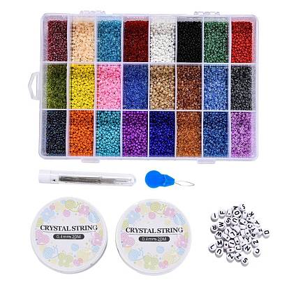 DIY Jewelry Set Kits, with Elastic Crystal Thread, Acrylic Letter Beads and Glass Seed Beads, Iron Sewing Needle, Thread Guide Tool, Plastic Box