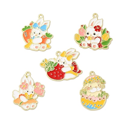 Easter Alloy Enamel Pendants, Golden, Rabbit with Egg/Flower/Carrot/Strawberry Charm