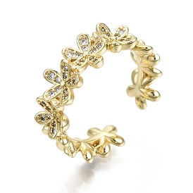 Latón micro pavé claro anillos de brazalete de circonio cúbico, anillos abiertos, sin níquel, flor