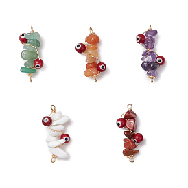 5Pcs 5 Styles Natural Red Aventurine & Natural Green Aventurine & Natural Red Jasper & Natural Amethyst & Glass Chip Copper Wire Wrapped Handmake Lampwork Red Evil Eye Connector Charms