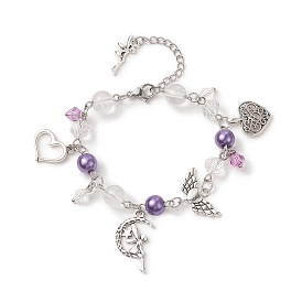Bracelets à breloques cœur et fée en alliage, Bracelet en perles de plastique acrylique et abs pour femme