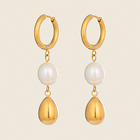 Серьги-кольца из нержавеющей стали в форме капли, с пресноводным жемчугом