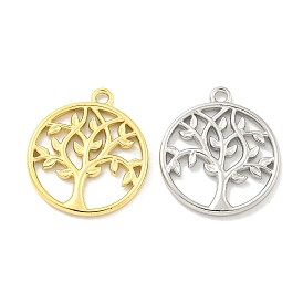 Vacuum Plating 304 Stainless Steel Pendants, Flat Round with Tree of Life Charm