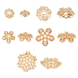 SUPERFINDINGS 10Pcs 5 Style Brass Fancy Bead Caps, with Rhinestone, Flower