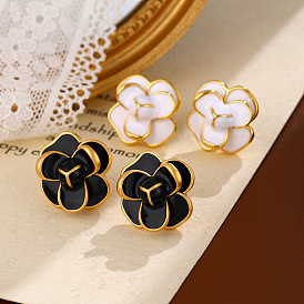 Золотые серьги-гвоздики с эмалью из латуни и цветком, с иглой из стерлингового серебра