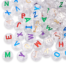 CHGCRAFT Plating Transparent Acrylic Beads, with Glitter Powder, Metal Enlaced, Flat Round with Letter