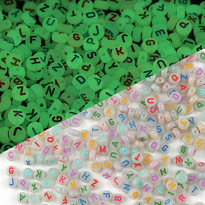 Luminous Translucent Acrylic Beads, with 
Enamel, Glow In The Dark, Flat Round with Random Letter