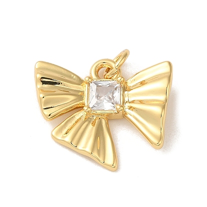 Rack Plating Brass Pendants, with Singal Clear Cubic Zirconia, Long-Lasting, Lead Free & Cadmium Free, Bowknot