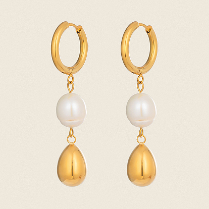 Серьги-кольца из нержавеющей стали в форме капли, с пресноводным жемчугом