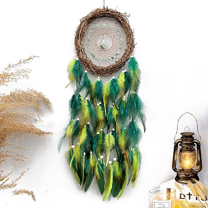 Сетка из ротанга/паутины с подвесными украшениями из перьев, для дома гостиная спальня декор, с натуральными бусинами из драгоценных камней