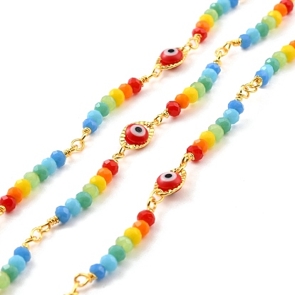 Handmade Brass Link Chains, with Round Beads, Long-Lasting Plated, Soldered, with Spool, Beads with Glass, Evil Eye Beads