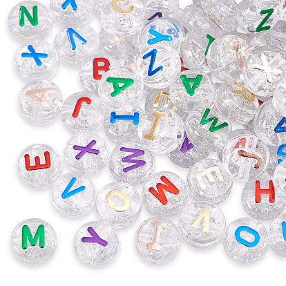 Plating Transparent Acrylic Beads, with Glitter Powder, Metal Enlaced, Flat Round with Letter