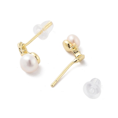 Natural Pearl Asymmetrical Stud Earrings, with Brass Micro Pave Cubic Zirconia Findings and 925 Sterling Silver Pins, Sun & Moon