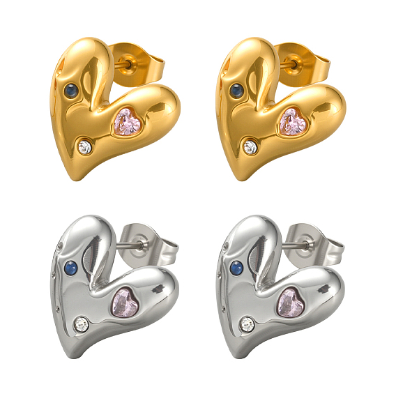 2 пары 2 цвета серьги-гвоздики в форме сердца из нержавеющей стали, с кубического циркония