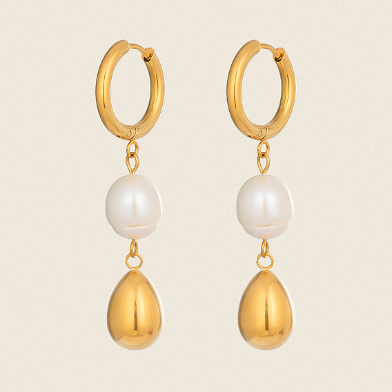 Серьги-кольца из нержавеющей стали в форме капли, с пресноводным жемчугом