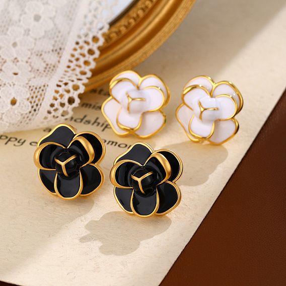 Золотые серьги-гвоздики с эмалью из латуни и цветком, с иглой из стерлингового серебра