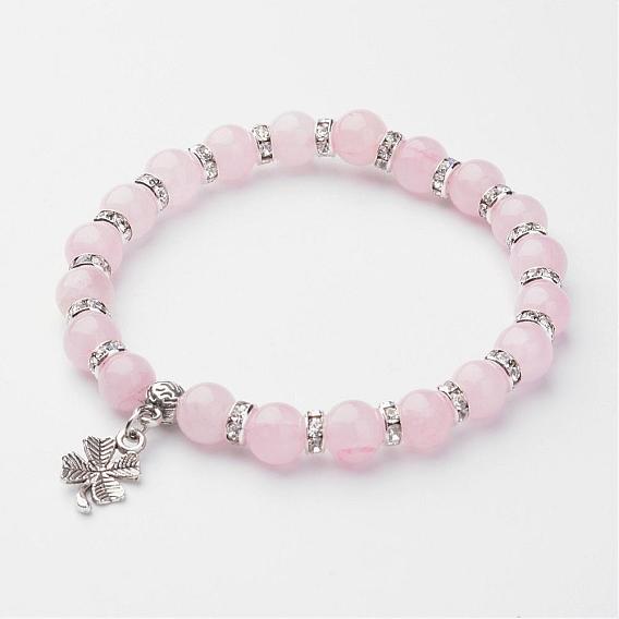 Natural Gemstone Charm Bracelets, Stretch Bracelets, with Alloy Clover Pendants, Antique Silver