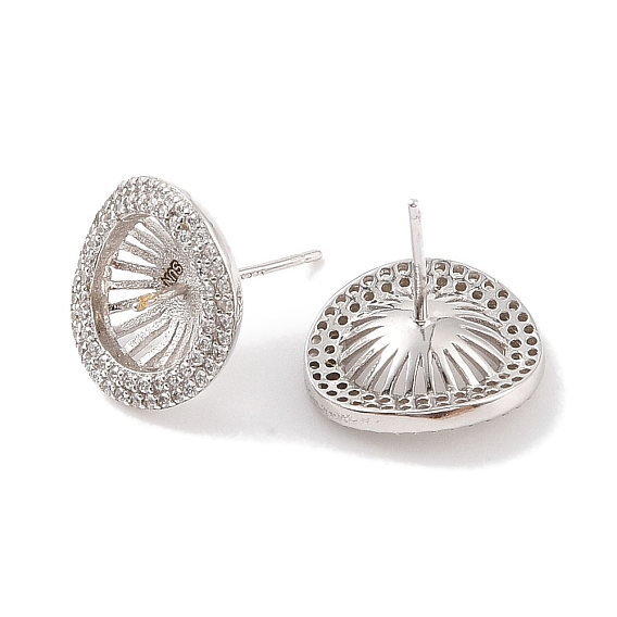 925 Sterling Silver Micro Pave Cubic Zirconia Earring Settings Findings, for Half Drilled Beads, Flat Round