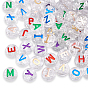 Plating Transparent Acrylic Beads, with Glitter Powder, Metal Enlaced, Flat Round with Letter