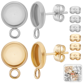 48 pièces 2 styles apprêts de boucles d'oreilles à clous en acier inoxydable, avec les paramètres de cabochons, plat rond, avec 48pcs 2 styles écrous à oreilles en acier inoxydable