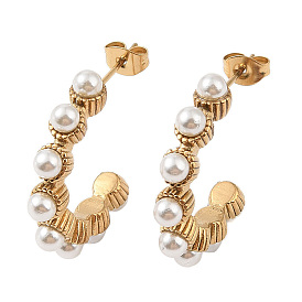 Ion Plating(IP) 304 Stainless Steel with ABS Imitation Pearl Stud Earrings for Women, C Shape