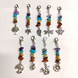 Decoraciones colgantes con chip de piedras preciosas de chakra., con cierres de pinza de langosta de aleación de zinc y dijes de aleación de estilo tibetano, formas mixtas