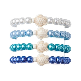 4Pcs 4 Colors Summer Dyed Synthetic Turquoise Turtle Bracelets, Beach Round Glass Pearl Beaded Stretch Bracelets, for Women