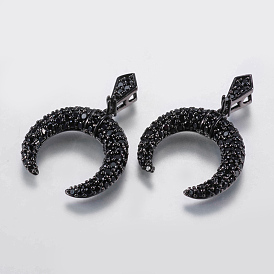 Brass Micro Pave Cubic Zirconia Pendants, Double Horn/Crescent Moon, Black