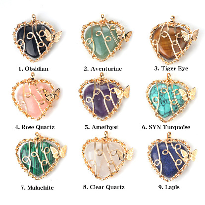 Gemstone Metal Wire Wrapped Heart Pendants, Golden Plated Butterfly Charms