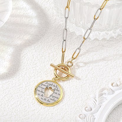 Brass Hollow Disc with Heart Pendant 304 Stainless Steel Two Tone Paperclip Chain Necklaces with OT Clasps
