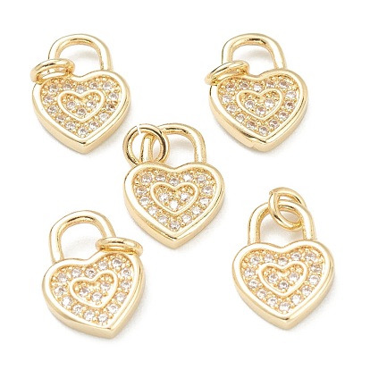 Brass Clear Cubic Zirconia Charms, Long-Lasting Plated, with Jump Ring, Heart