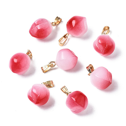 Two Tone Spray Painted Glass Pendants, with Golden Plated Iron Bails, Imitation Jade Glass, Peach