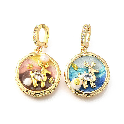 Латунные подвески с микропаве из кубического циркония и эмали, плоский круг с подвесками в виде лося, с блестящей пудрой и натуральным пресноводным жемчугом, реальный 18 k позолоченный