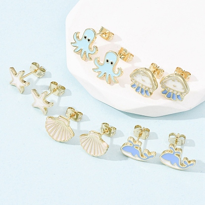 Серьги-гвоздики из латуни, Тема океана, реальный 18 k позолоченный