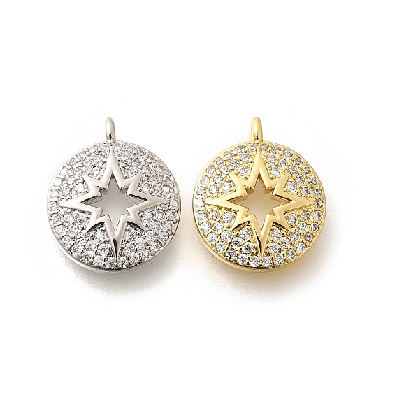 Латунные микропаве прозрачные подвески с фианитом, долговечный, без свинца и без кадмия, плоский круглый со звездными подвесками