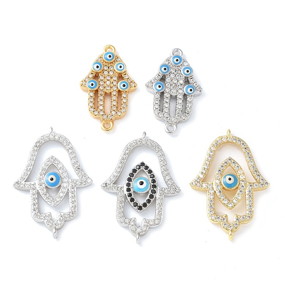 Латунный микро-паве прозрачный кубический цирконий сглаз хамса ручные соединители подвески, с эмалью, ссылки на религию, без кадмия и без свинца, долговечный, стойки покрытие