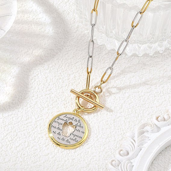 Brass Hollow Disc with Heart Pendant 304 Stainless Steel Two Tone Paperclip Chain Necklaces with OT Clasps