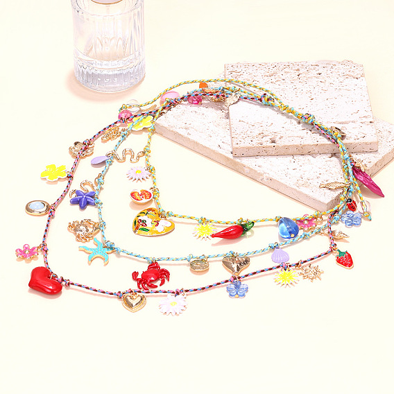 Сплав красного сердца, острого перца, рыбы, морской звезды, кисточки, хлопковый шнур 3 многослойные ожерелья для женщин, разнообразные, золотой свет