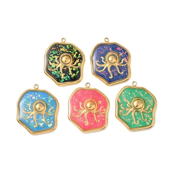 304 подвески из нержавеющей стали, эпоксидной смолы, с натуральными ракушками и пайетками внутри, самородки с рыбными амулетами, реальный 18 k позолоченный, вакуумное покрытие pvd