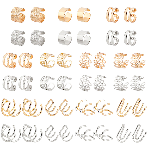 44Pcs Brass Cuff Earrings Set, Wide Band & Hollow Leaf Wrapped Earrings for Non Piercing