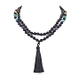 Natural & Synthetic Mixed Gemstone & Wood Buddhist Necklace, Polyester Tassel Lariat Necklace for Women
